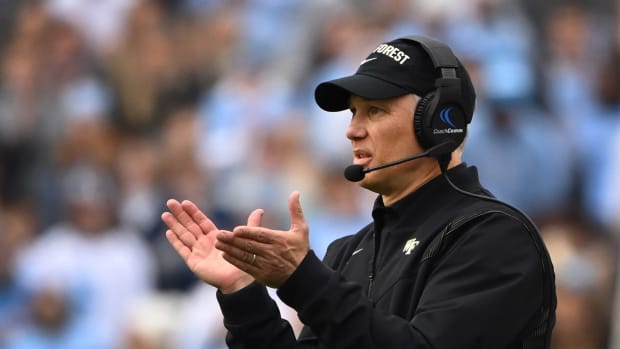 Nov 6, 2021; Chapel Hill, North Carolina, USA; Wake Forest Demon Deacons head coach Dave Clawson reacts in the third quarter at Kenan Memorial Stadium.